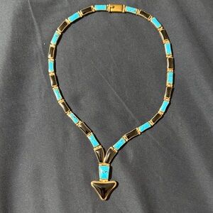 Vintage Mexico Silver 950 Turquoise and Black Inlay Collar necklace